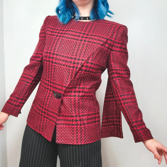 Vintage 90s Red & Black Houndstooth Blazer Jacket - Picture 1 of 8